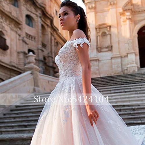 WANGMEILING Vestido de novia blanco Corte de encaje glamoroso Apliques de tren Una línea de vestidos de boda de lujo Tamaño del cuello del barco con cuentas vestido de novia de la princesa Plus