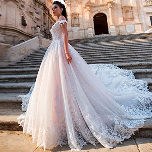 WANGMEILING Vestido de novia blanco Corte de encaje glamoroso Apliques de tren Una línea de vestidos de boda de lujo Tamaño del cuello del barco con cuentas vestido de novia de la princesa Plus