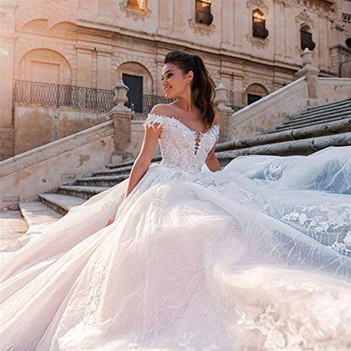 WANGMEILING Vestido de novia blanco Corte de encaje glamoroso Apliques de tren Una línea de vestidos de boda de lujo Tamaño del cuello del barco con cuentas vestido de novia de la princesa Plus
