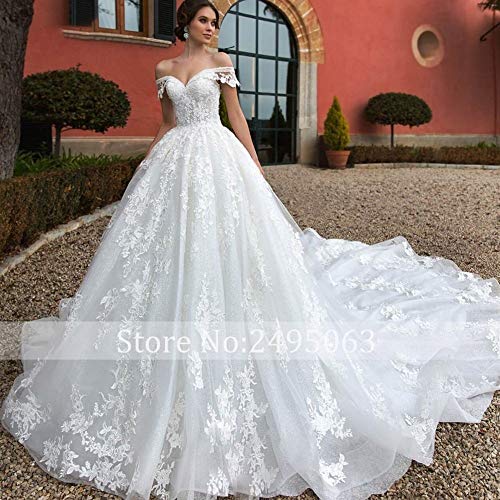 WANGMEILING Vestido de novia blanco Hasta Tren real de una línea de vestido de novia de encaje del cuello del barco de lujo 2020 con cuentas apliques vestido de novia de la princesa del traje