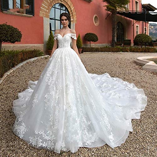 WANGMEILING Vestido de novia blanco Hasta Tren real de una línea de vestido de novia de encaje del cuello del barco de lujo 2020 con cuentas apliques vestido de novia de la princesa del traje