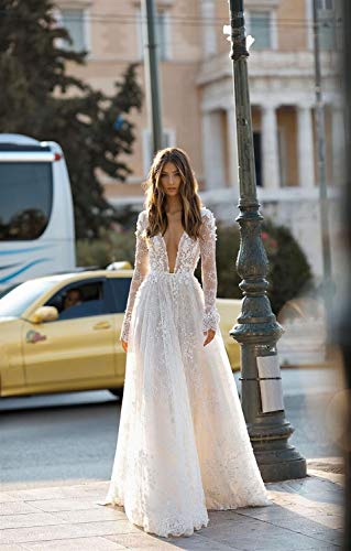 WANGMEILING Vestido de novia blanco Vestido de manga larga de la boda del cuello en V Corte Apliques Tren de encaje de tul A-Line Novia Vestidos (Color : White, US Size : 8)