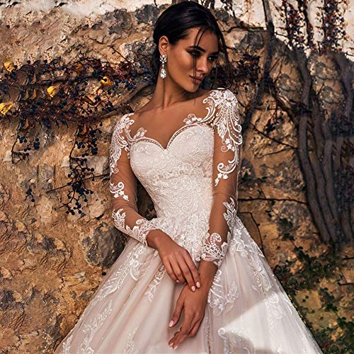 WANGMEILING Vestido de novia blanco Vestido de novia de la princesa de la boda larga de la manga vestidos de playa Una línea romántica apliques de tul botón (Color : Multi, US Size : 20W)