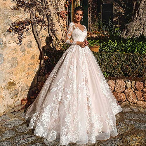 WANGMEILING Vestido de novia blanco Vestido de novia de la princesa de la boda larga de la manga vestidos de playa Una línea romántica apliques de tul botón (Color : Multi, US Size : 20W)