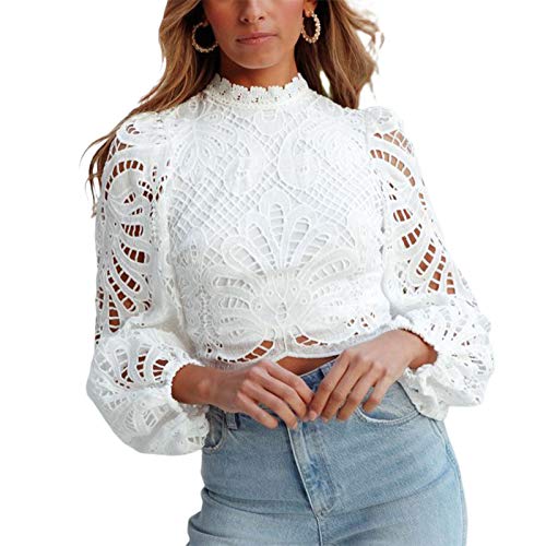 WangsCanis - Blusa elegante de mujer - Estilo vintage - Blusa de cuello redondo y mangas largas abuchonadas - Tejido transparente - Ideal para primavera/otoño Blanco C M