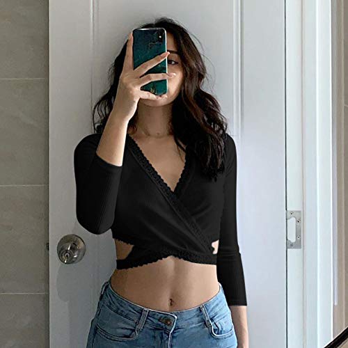 WangsCanis Crop Top Mujer Blusa de Manga Larga Cuello en V con Encaje Slim Ajustado Ombelico Expuesto Casual Sexy Vintage Negro S