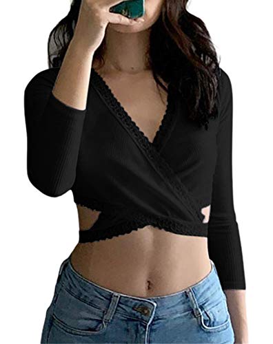 WangsCanis Crop Top Mujer Blusa de Manga Larga Cuello en V con Encaje Slim Ajustado Ombelico Expuesto Casual Sexy Vintage Negro S