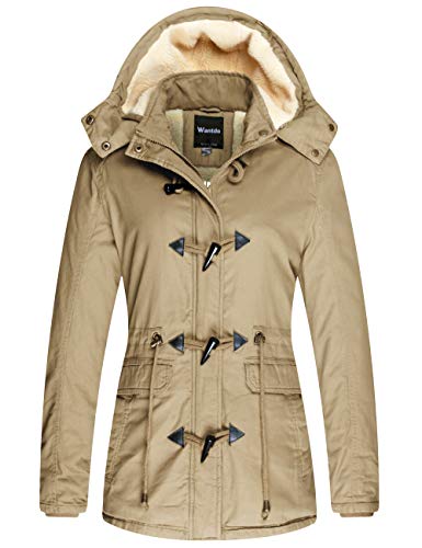 Wantdo Abrigo Forro Polar Grueso Parka Casual Militar Exteriores Chaqueta Capucha Desmontable Bolsillos Múltiples Abrigo Delgado con Cinturón Mujer Caqui X-Large