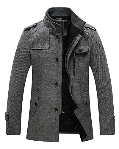 Wantdo Abrigo Grueso de Invierno para Hombre Mezcla de Lana Cuello Alto Chaquetas Charreteras Abrigos Multibolsillos Chaqueta con Botones y Cremallera Frontal Completa Antiviento Hombres Gris XXL