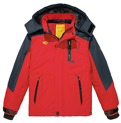 Wantdo Chaqueta de Esquí Impermeable Montaña Abrigo Windbreaker Paño Grueso Suave Parka Resistente al Agua para Acampar Viajar Chaqueta de Bolsillos Múltiples Cremallera para Niño Rojo 140-146