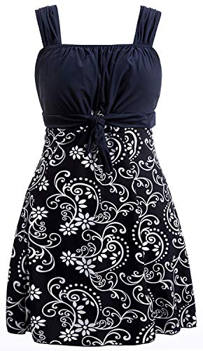 Wantdo Traje de Baño de Cintura Alta Falda de Verano Traje de Baño de Una Pieza Elegante Traje de Baño de Una Pieza para El Mar y La Playa Vestido Floral para Mujer Azul Oscuro 52-54