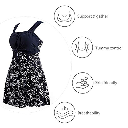 Wantdo Traje de Baño de Cintura Alta Falda de Verano Traje de Baño de Una Pieza Elegante Traje de Baño de Una Pieza para El Mar y La Playa Vestido Floral para Mujer Azul Oscuro 52-54