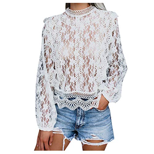 WARMWORD Camisetas Mujer,Top de Encaje de Malla para Mujer Camiseta Larga de Sexy Manga Larga Blusa Transparente Blusa Ajustada de Encaje Blusa Ajustada Top de Encaje