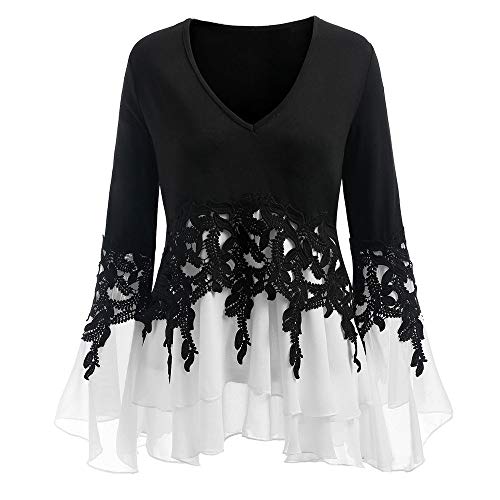WARMWORD Mujer Tops Gasa Color sólido de Manga Larga V Cuello Sexy Encaje Tops Casuales Blusa Camiseta Manga de Trompeta de Gasa de Manga Larga con Cuello en V y Top de Gran tamaño