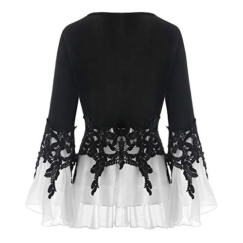 WARMWORD Mujer Tops Gasa Color sólido de Manga Larga V Cuello Sexy Encaje Tops Casuales Blusa Camiseta Manga de Trompeta de Gasa de Manga Larga con Cuello en V y Top de Gran tamaño