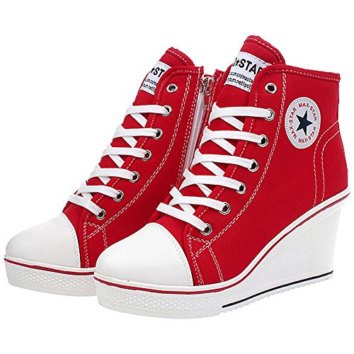 Wealsex Mujer Cuñas Zapatos De Lona High-Top Zapatos Casuales Encaje Talla Grande (Rojo,37)