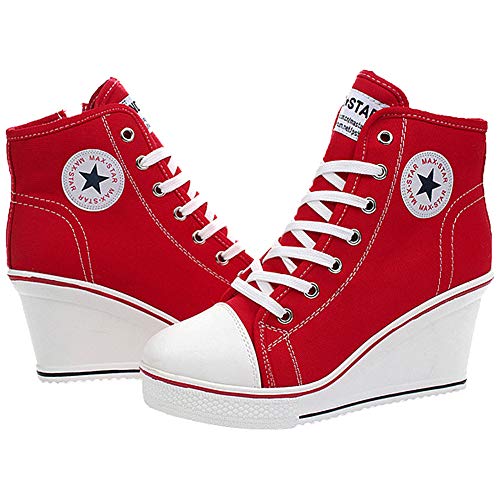 Wealsex Mujer Cuñas Zapatos De Lona High-Top Zapatos Casuales Encaje Talla Grande (Rojo,37)