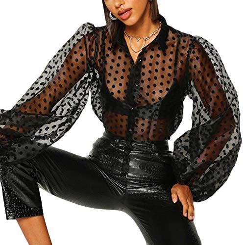 WEIMEITE Mujeres Sexy Perspectiva Polka Dot Lantern Sleeve T-Shirt Clubwear Outwear New OL Leopard Print Mesh See Through T-Shirt Tops