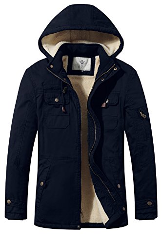 WenVen Abrigo Forro Polar Grueso Chaquetas Estilo Militar Clásica Cazador con Capucha Cremallera Frontal Chaquetas de Sherpa Exteriores Hombre Azul Marino Medium