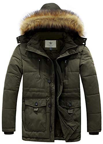 WenVen Abrigo Puffer Cálido Invierno Chaqueta de Algodón a Prueba de Viento Parka Capucha Gruesa Extraíble con Pelo Chaqueta de Lana Exteriores Hombre Verde Militar Small