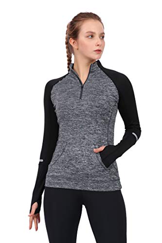 Westkun Camiseta de Manga Larga para Mujer Sudadera de Half Zip Deporte Chaqueta Yoga Casual Corriendo Pull-Over Tops con Agujeros para los Pulgares(Gris,XL)