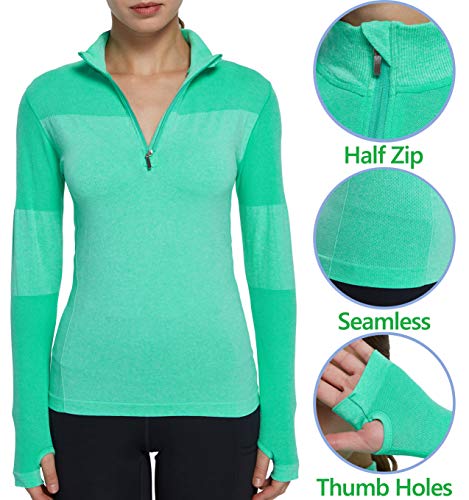 Westkun Camiseta de Manga Larga sin Costuras para Mujer Sudadera de Half Zip Deporte Chaqueta Yoga Casual Corriendo Pull-Over Tops con Agujeros para los Pulgares(Verde,L)