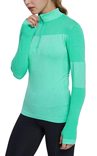 Westkun Camiseta de Manga Larga sin Costuras para Mujer Sudadera de Half Zip Deporte Chaqueta Yoga Casual Corriendo Pull-Over Tops con Agujeros para los Pulgares(Verde,L)