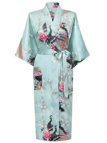 Westkun Kimono Japones Mujer Albornoz Vestido de Satén Pavo Real Novia Pijamas Largo Sexy y Elegante de Seda Bata Camisón Robe Lencería Cardigan(Azul Claro,XXL)