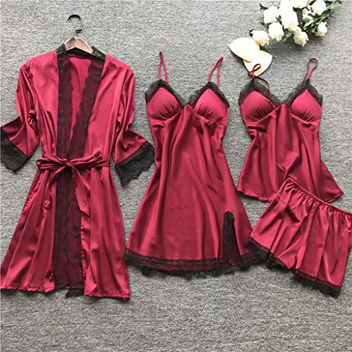 Whyeasy Conjunto Pijamas Mujer Verano Batas de Seda 4 Piezas Sets Camisola de Tiras y Calzoncillos Kimono Cuello V Larga Chaleco de Encaje Ropa de Dormir Vestido de Cama(Rojo,M)