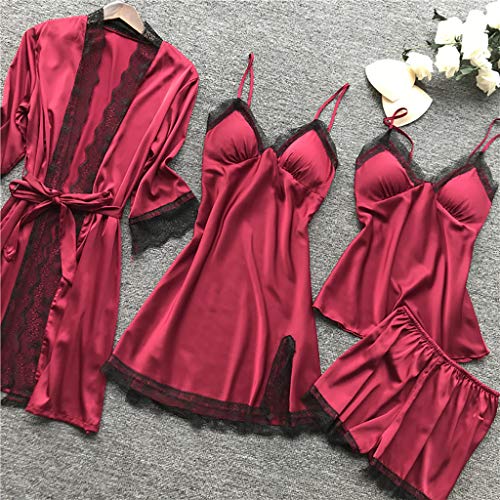 Whyeasy Conjunto Pijamas Mujer Verano Batas de Seda 4 Piezas Sets Camisola de Tiras y Calzoncillos Kimono Cuello V Larga Chaleco de Encaje Ropa de Dormir Vestido de Cama(Rojo,M)