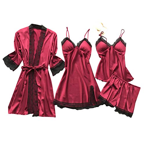 Whyeasy Conjunto Pijamas Mujer Verano Batas de Seda 4 Piezas Sets Camisola de Tiras y Calzoncillos Kimono Cuello V Larga Chaleco de Encaje Ropa de Dormir Vestido de Cama(Rojo,M)