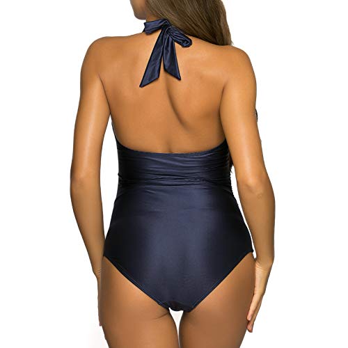 WIN.MAX Mujer Trajes de Baño Una Pieza V-Cuello Push-up Monokini Push-up Acolchado Adelgazante Bikini (A#Azul, EU44)