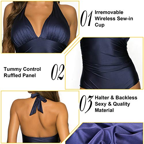 WIN.MAX Mujer Trajes de Baño Una Pieza V-Cuello Push-up Monokini Push-up Acolchado Adelgazante Bikini (A#Azul, EU44)