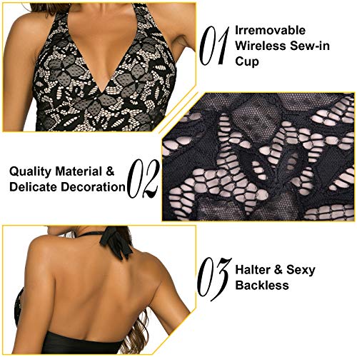 WIN.MAX Mujer Trajes de Baño Una Pieza V-Cuello Push-up Monokini Push-up Acolchado Adelgazante Bikini (B#Flores & Negro, EU40)
