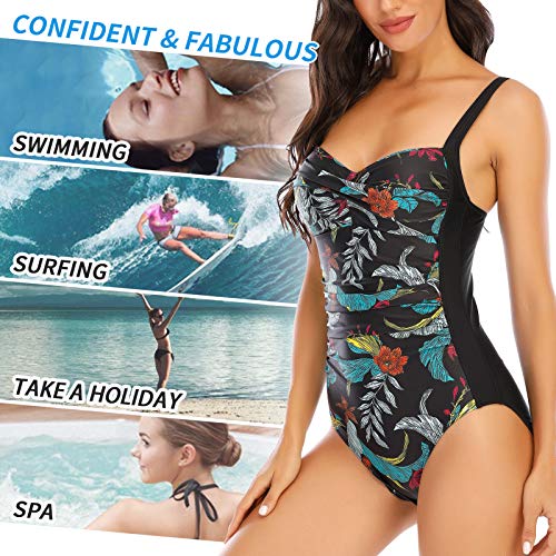 WIN.MAX Traje de baño Acolchado para Reducir Barriga, Traje de baño de Talla Grande para Mujeres Monokinis Vintage Push up (Negro&Verde, EU36)