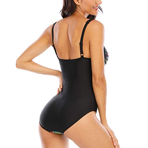 WIN.MAX Traje de baño Acolchado para Reducir Barriga, Traje de baño de Talla Grande para Mujeres Monokinis Vintage Push up (Negro&Verde, EU42)