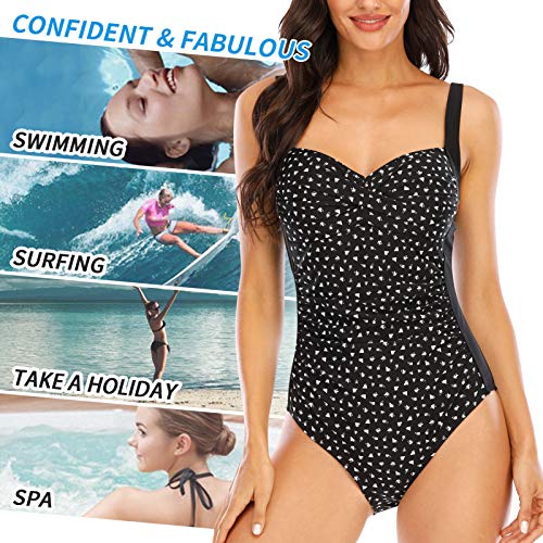 WIN.MAX Traje de baño Acolchado para Reducir Barriga, Traje de baño de Talla Grande para Mujeres Monokinis Vintage Push up (Puntos Blancos, EU42)