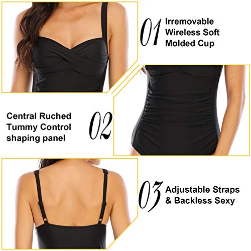 WIN.MAX Traje de baño Acolchado para Reducir Barriga, Traje de baño de Talla Grande para Mujeres Monokinis Vintage Push up (Puntos Blancos, EU42)