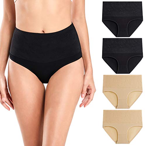 wirarpa Bragas Talle Alto Algodón para Mujer Cómodo elástico Braga Pantalones de Mujer Pack de 4 Negro, Beige Tamaño L