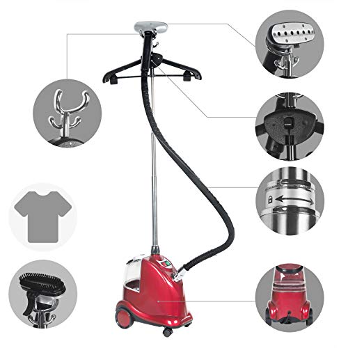 WOLTU Plancha de Vapor Vertical Altura Ajustable Profesional Plancha Ropa Vapor de 2200W, 3L Continuo de Alta Potencia Plástico con Cepillo y Perchas Rojo DG004rt