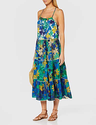 women'secret Vestido Largo con Estampado a Pisos de Flores, Tirantes Finos, Tejido con Mucho Vuelo y caída