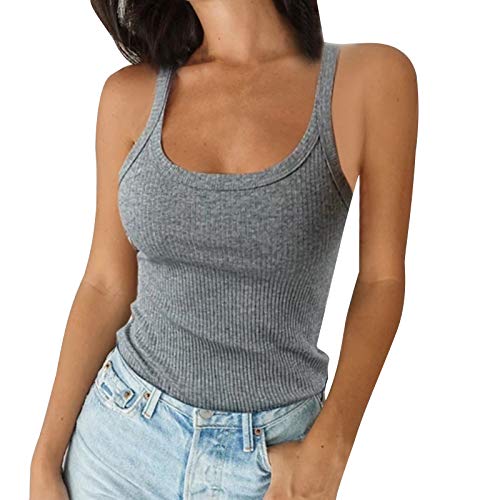WonderBabe Camisetas Sin Mangas Sexis para Mujer Camisas Acanaladas Básico Sólido Informal Camisola Chaleco Camiseta Gris Talla XL