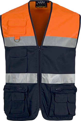 Work Team Chaleco Tipo Safari Multibolsillos Bicolor, con Dos Cintas de Alta Visibilidad. Hombre Marino+naranja A.v. M