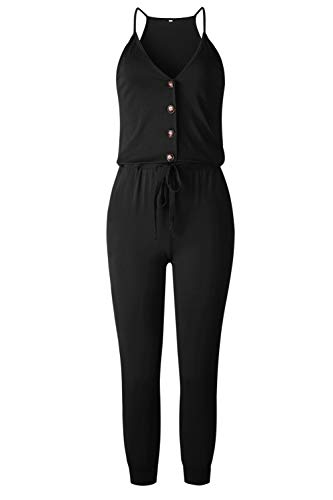 WOZNLOYE Mujer Sexy Cuello en V Profundo Monos Color Sólido Mamelucos Moda Sin Espalda Mono Verano Rompers Larga Pantalones con Bolsillo y Botón