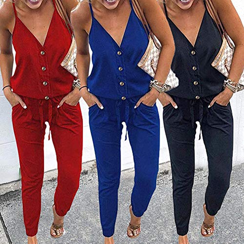 WOZNLOYE Mujer Sexy Cuello en V Profundo Monos Color Sólido Mamelucos Moda Sin Espalda Mono Verano Rompers Larga Pantalones con Bolsillo y Botón