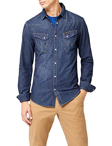 Wrangler Western Denim Shirt Camisa, Azul (Dark Indigo 1E), Medium para Hombre