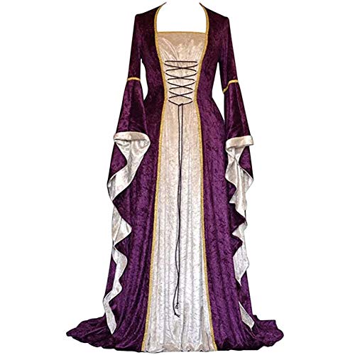 WTZWY Vestido de Cosplay gótico para Mujer Vestido renacentista hasta el Suelo Medieval Celta Vintage, Disfraces de Feria Medieval Vestido Largo irlandés de Terciopelo,Púrpura,XL