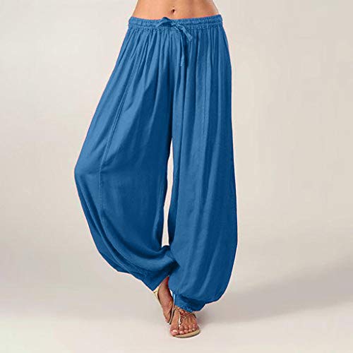 wyxhkj-Pantalones Mujer Tallas Grandes Algodón Y Lino Color Sólido Casuales Sueltos Pantalones De Playa Elásticos Cintura Alta Verano (L, Azul Oscuro)