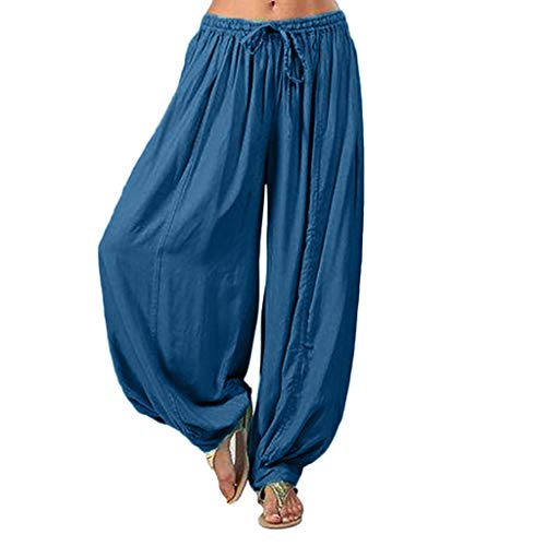 wyxhkj-Pantalones Mujer Tallas Grandes Algodón Y Lino Color Sólido Casuales Sueltos Pantalones De Playa Elásticos Cintura Alta Verano (L, Azul Oscuro)