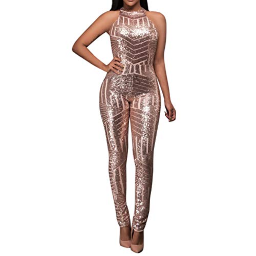 Wyxhkj Verano Mujer Mono Largo De Fiesta O-Cuello Sin Mangas Lentejuelas Mamelucos Sueltos Casuales (L, Rosa)